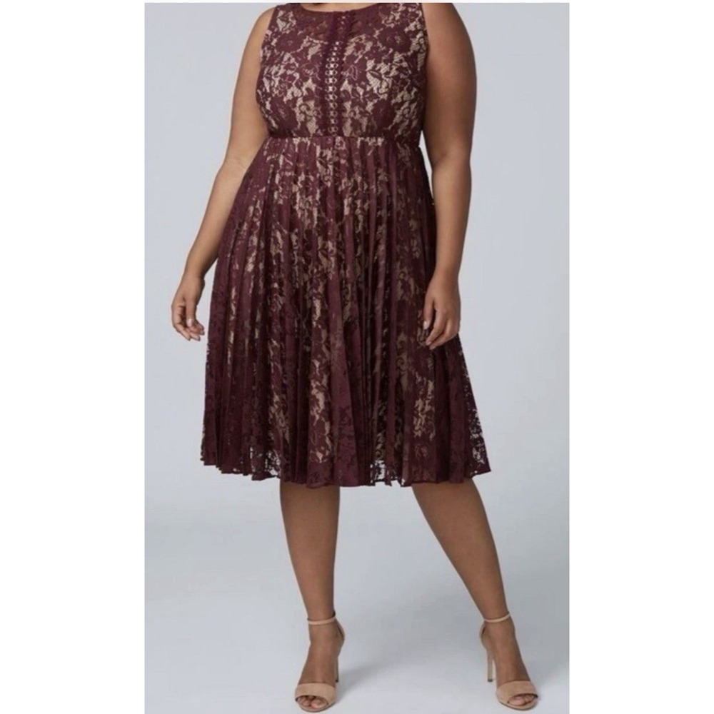 Lane Bryant Sleeveless Maroon Lace Overlay Nude Lining Dress Size 12 Cottagecore - Picture 3 of 7